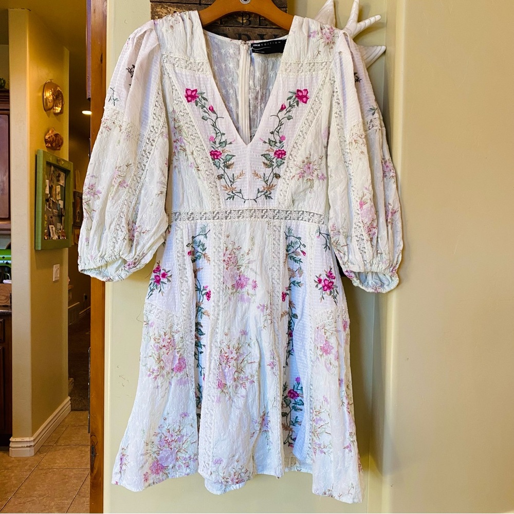 ASOS Edition Floral Embroidered Puff Sleeve Mini Dress